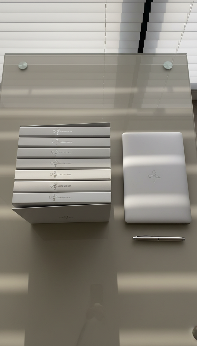 A stack of structured, pale gray legal case folders embossed with an orthopedic-themed logo in silver foil, neatly aligned beside an elegant, closed laptop and a high-polish metal pen. The set sits on a smooth, taupe-finished desk with glass panel edges. The background is softly out of focus, featuring clean horizontal blinds bathed in natural afternoon light, lending gentle highlights and elongated shadows. The mood is meticulous and organized, exemplifying a professional, business-oriented environment. Shot from a top-down, bird’s eye perspective to emphasize the structured layout and balanced composition, with an aesthetic that aligns with a modern, clinical consulting firm.