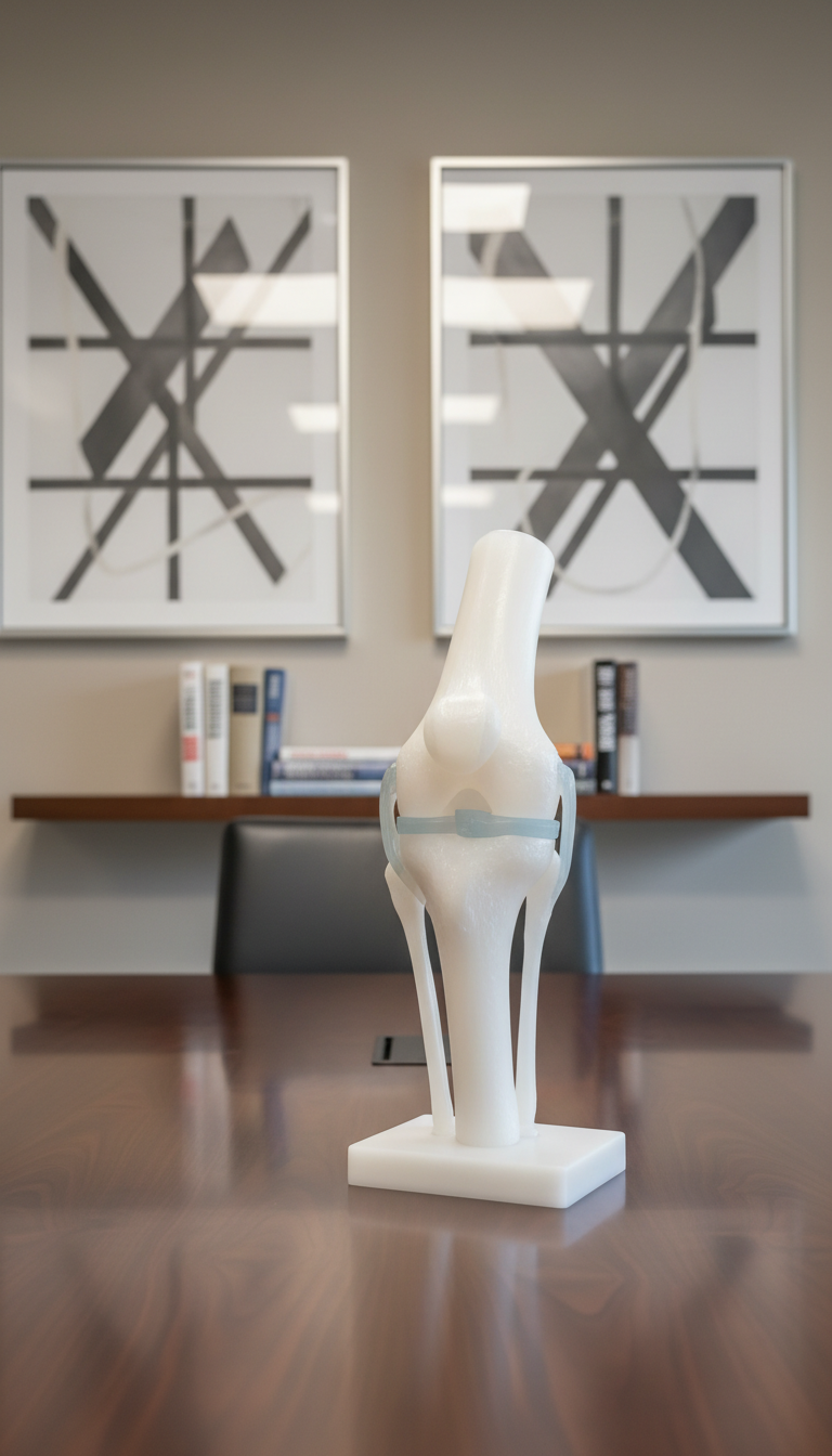 A highly-detailed, anatomically accurate knee joint model crafted from semi-transparent, frosted medical-grade resin, positioned atop a sleek walnut conference table in a modern office setting. In the background, a minimalist display of orthopedic textbooks and two monochromatic abstract art pieces across a neutral-toned wall. Soft, even studio lighting creates clear highlights along the joint’s surface and a subtle reflection on the table. The composition follows the rule of thirds, with a corporate, understated color palette and a photographic realism style that communicates trust and professionalism relevant to expert witness services.