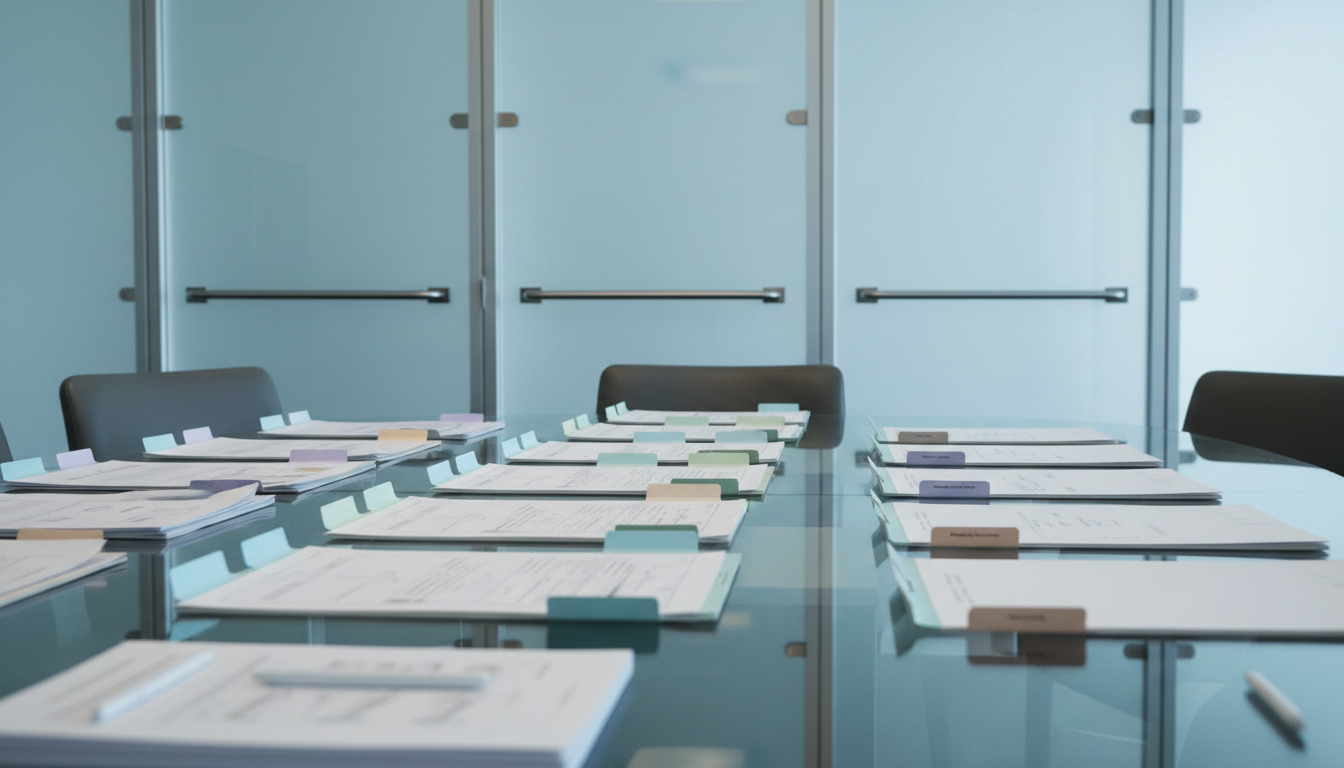 A series of orthopedic planning documents, color-coded with clean pastel tabs, laid out in organized rows on a long, glass-topped boardroom table. Behind the table, frosted glass panels and polished chrome fixtures reflect soft daylight filtering in from unseen windows, creating subtle gradients of shadow and light. The visual tone is cool, composed, and analytical, supporting the theme of objective case review. The image is shot from a low side angle with slight foreground blur, focusing sharply on the folders and tabs, in a photographic, minimalist style suited to a high-level consulting business.
