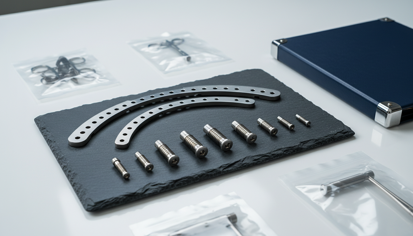 A close-up view of precision-machined titanium screws and surgical plates resting on an inviting dark slate tray atop a smooth white countertop. Surrounding the tray are neatly arranged sterile packaging and a single, closed navy-blue case file with metallic corner protectors. Overhead, clean, direct studio lighting defines the polished edges and subtle textures of the materials, casting soft, controlled shadows for depth. The mood is highly professional and clean, suggesting readiness for expert testimony or surgical review. Captured with macro-lens clarity and central framing, the image embodies expertise in orthopedic trauma consulting.
